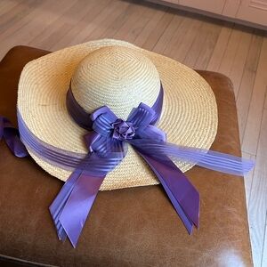 Straw Sun Hat with Purple Ribbon Accent Made in Colonial Williamsburg